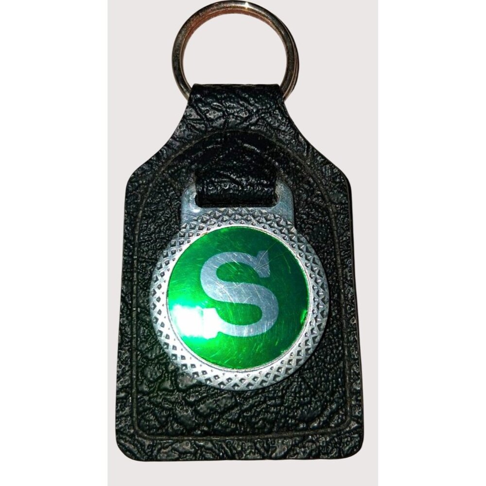 Vintage Black Leather Keychain With Green "S" Coin Holder 3" New Old Stock